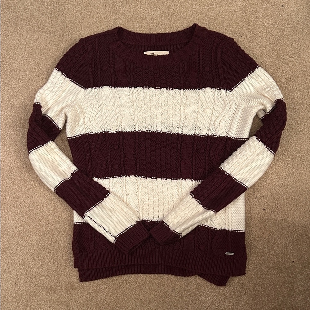 Hollister Women's Sweater - Burgundy and White Stripes
